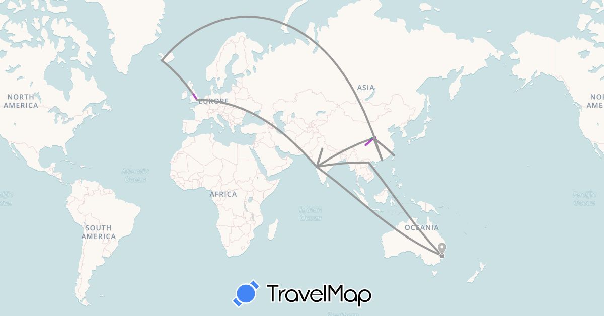 TravelMap itinerary: bus, plane, train in Australia, China, United Kingdom, India, Iceland, Taiwan, Vietnam (Asia, Europe, Oceania)